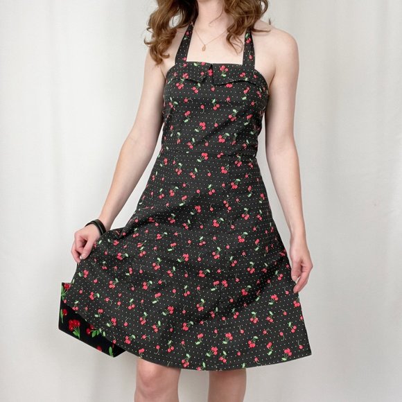 Vintage USA Pin-Up Novelty Cherry Print A-Line Fit & Flare Midi Fun Summer Dress - Picture 7 of 7